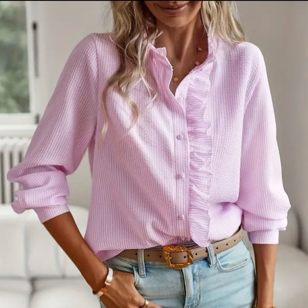 🔵 Pink & White Striped, Long Sleeve, Ruffle Trim, Buttoned Blouse - Picture 3 of 15